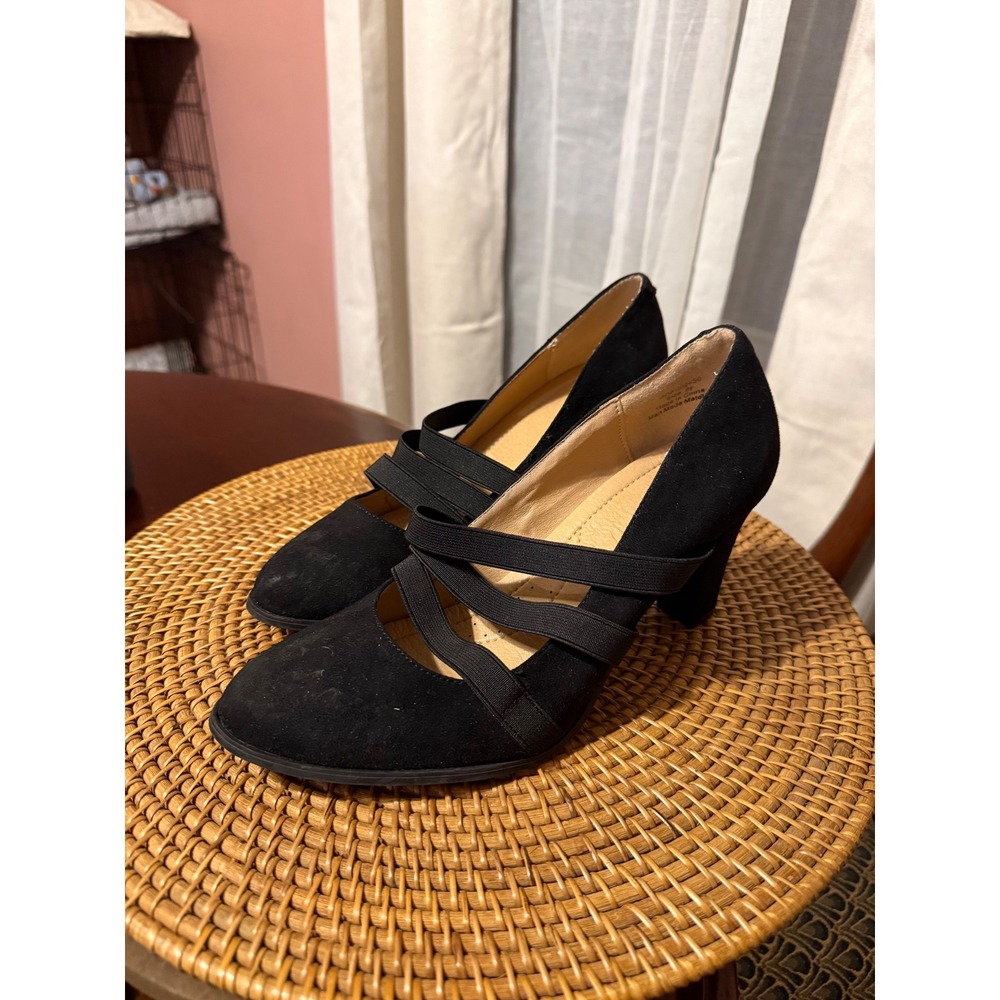 Black Faux Suede Strappy Block Heel Pumps Pointed Toe Dress Shoes Size 8.5